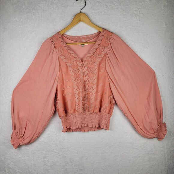Gimmick Boho Lace Blouse Long Sleeve Elastic Waist Peach Cottagecore Sz S Top - Picture 1 of 8